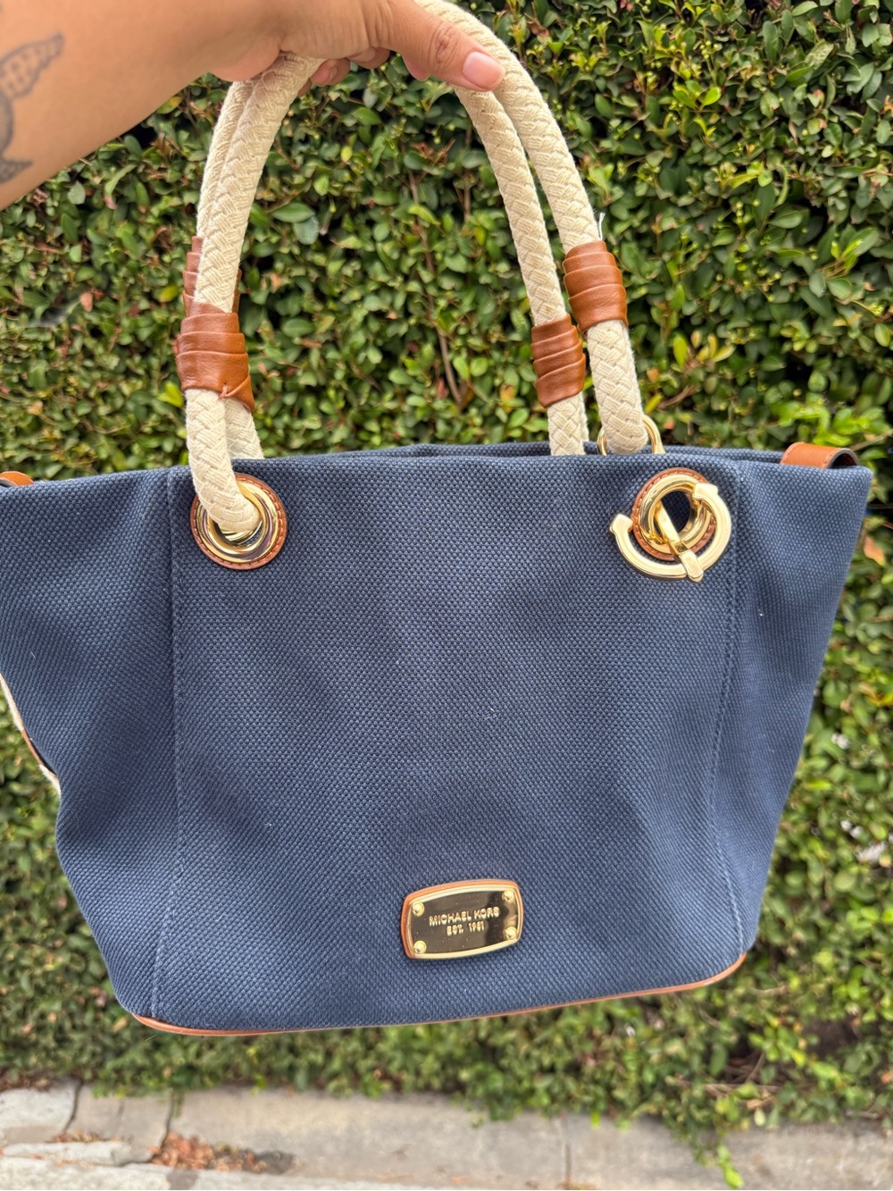 Michael Kors Navy Canvas Tote with Cream Rope Handles and Gold Hardware
